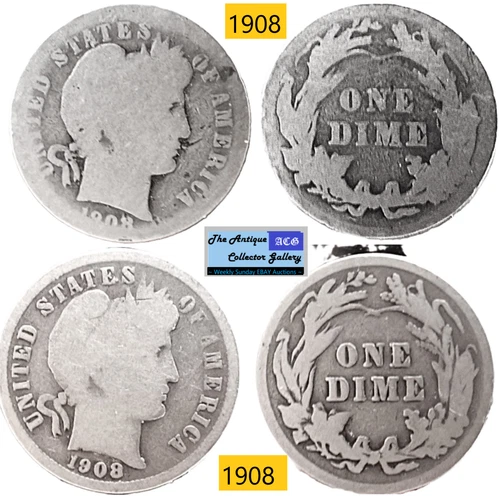 2 Antique 1908⌛US Philsdelphia Mint Silver Barber Dimes🪙As Depicted🪙