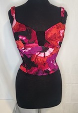 GUESS Floral Corset Crop Top XS Pink Red Mesh Insert Bustier Sleeveless Zip Back