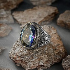 925 Sterling Silver Oval Mystic Topaz Stone Men's Ring