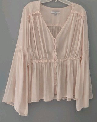 Anthropologie RO+DE Isla Pink Ruffle sheer Blouse M Bell Flare Sleeve Fairycore 