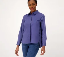 Denim & Co. Women's Top Sz M Coolmax Curved Hem Shirt with Button Blue A588155