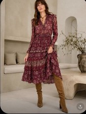 Ulla Johnson Alessandra Midi 100% Silk Dress Claret Patchwork 0 NWOT