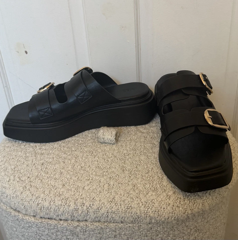 M & S Women’s Black Faux Leather Platform Wedge Slider Sandals Buckle UK 8 - Image 3 of 4