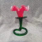 Vintage Murano Style 6.5" Red/Orange & Green Glass Flower Candle Holder
