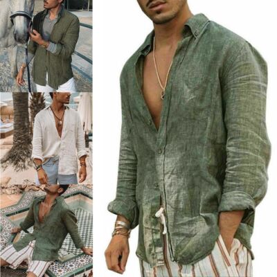 Collar Summer Kaftan Blouse Long Sleeve Casual Tops Mens T-Shirt Loose Button