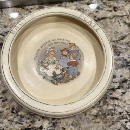 Vintage Roseville Pottery Juvenile Creamware Baby's Plate Old Woman W Children