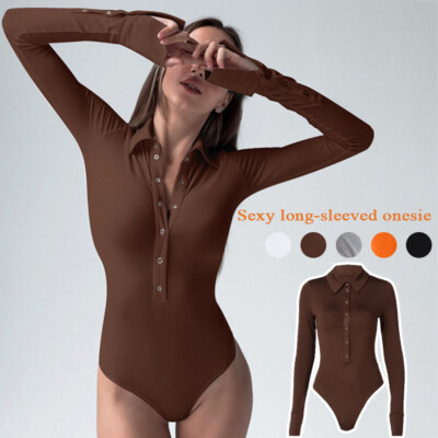 Women Ladies Stretch Leotard Work Bodysuit Shirt Long Sleeve Top Jumpsuit Romper