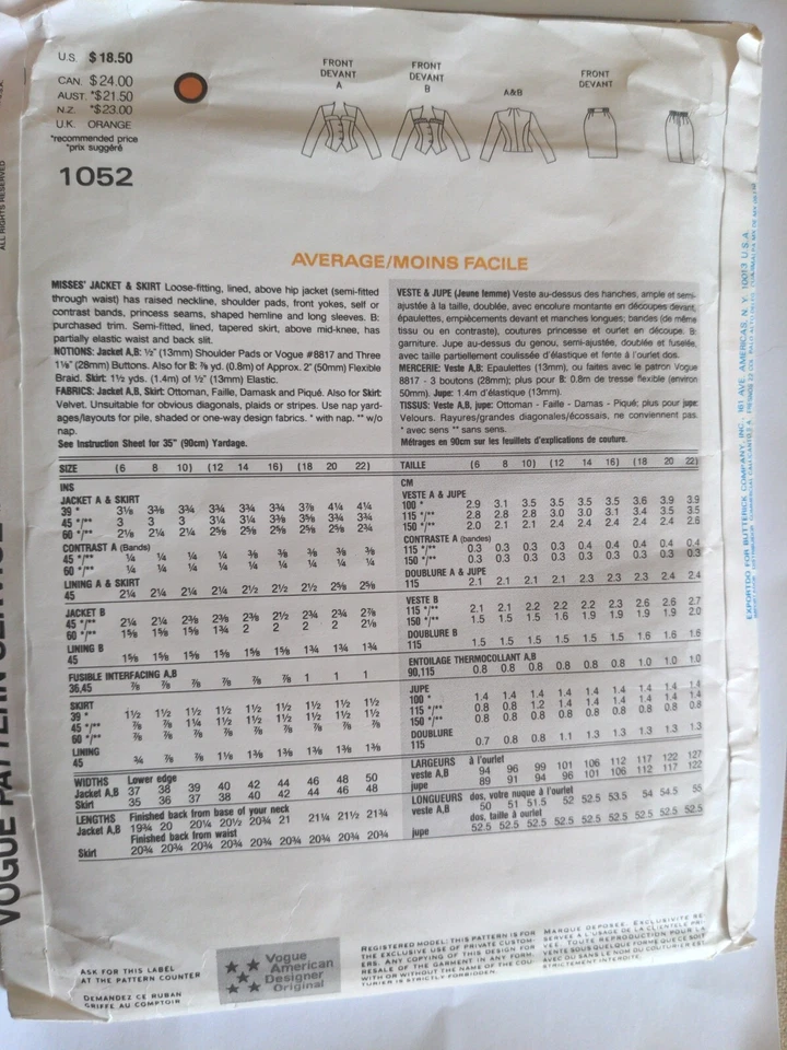 Vogue Pattern 1052 Tom and Linda Platt - Skirt and Jacket - Uncut  - Image 2 of 3