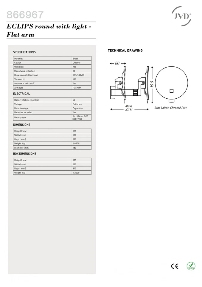 JVD ECLIPS Round Mirror with light - Flat arm - Image 4 of 4