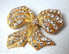 BROCHE vintage PIERRE BEX signé doré strass NEUF French ribbon Brooch pins mint 