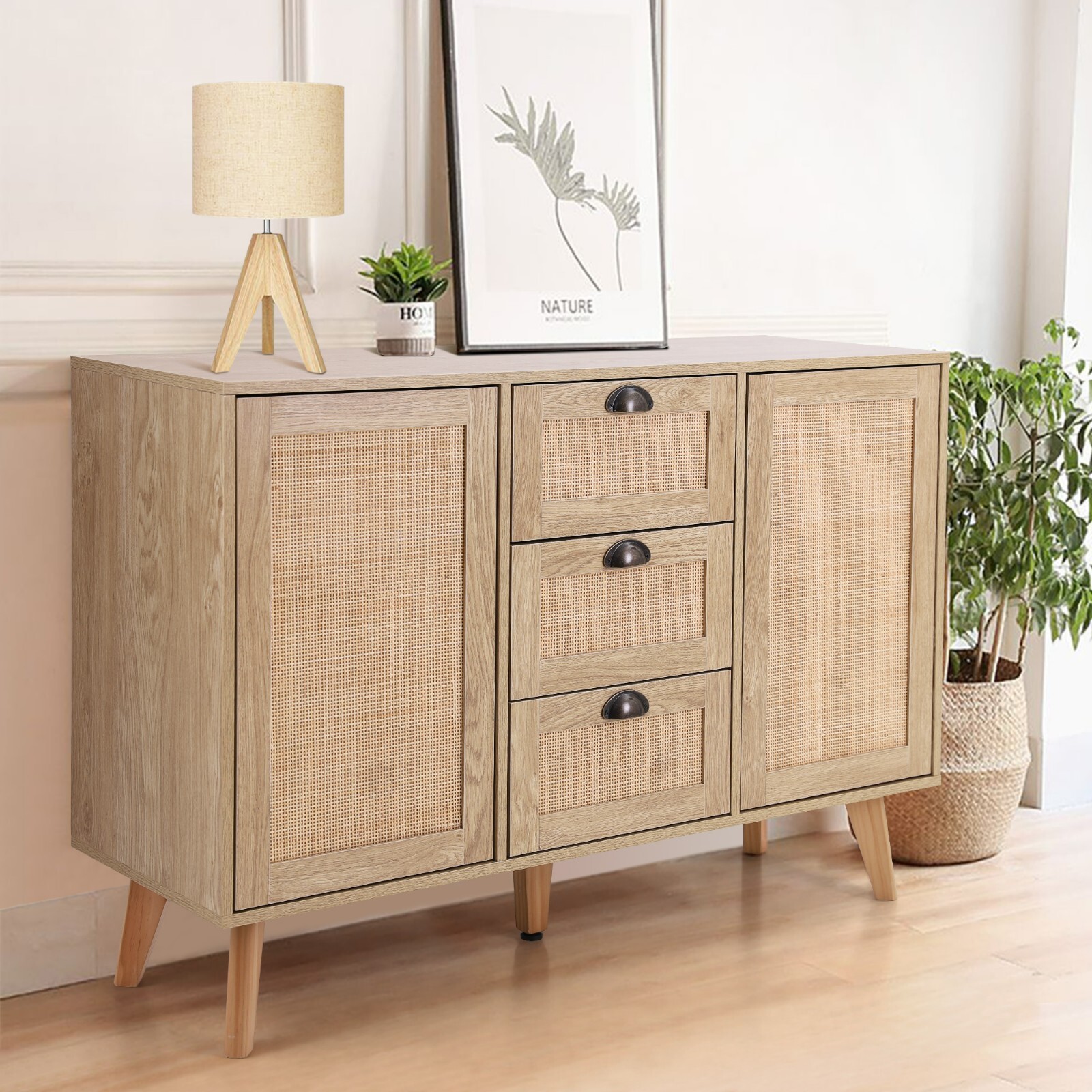 Buffet Sideboard Rattan Cabinet Storage w/ 3 Drawers 2 Doors Kitchen Dining Room