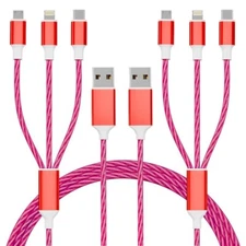 2PCS 3in1 LED Light Up Fast Charging Cellphone Cable USB iPhone Android Type C