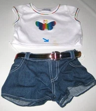 Build A Bear Butterfly Outfit White Top & Denim Jean Shorts Rainbow Belt READ