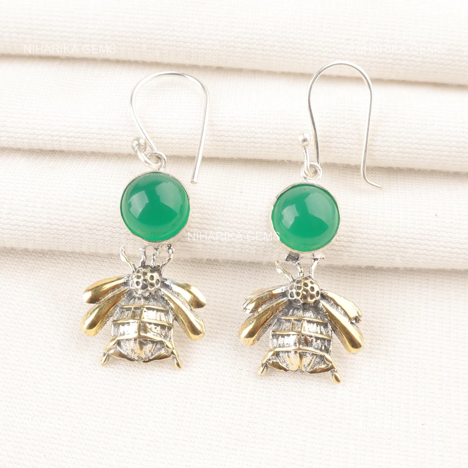 925 Argento Rotondo Verde Naturale Onice Cab Pendenti a Mano Orecchini Gioielli - Immagine 4 di 4