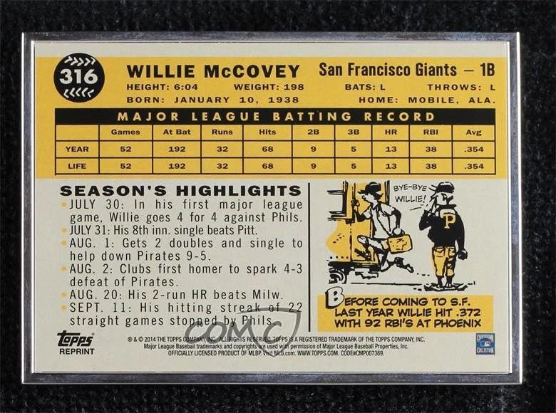 2014 Topps Framed Rookie Reprints Silver /99 Willie McCovey #316 HOF - Image 2 of 2