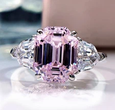 3.5ct Octagon Cut Lab Grown Pink Diamond Three-Stone Ring, 18K Gold Vermeil