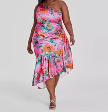 Eliza J Women's Pink Printed Asymmetric-Neck One-Shoulder Dress Plus Size 16W