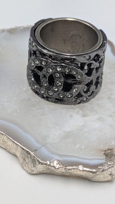 Chanel Coco Signed Gunmetal Rhinestone Heavy Band Ring Size 7 *READ*