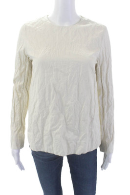 COS Womens Cotton Blend Round Neck Long Sleeve Zip Up Blouse Top Cream Size 4