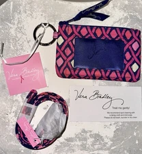 VERA BRADLEY Zip ID & Lanyard KATALINA PINK  DIAMONDS Badge Holder Key Ring NWT