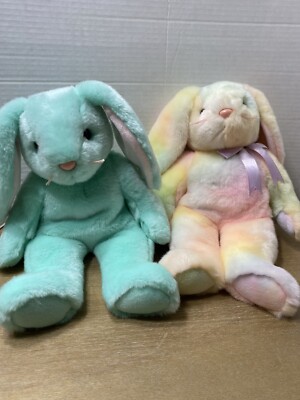 Ty Beanie Buddies - Green  And Tye Dyed 1998 -99 Bunnies Easter Spring