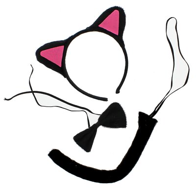 Schwarze Katze Tier Kostüm Zubehör Set (Ohren, Schwanz & Fliege) - Einheitsgröße