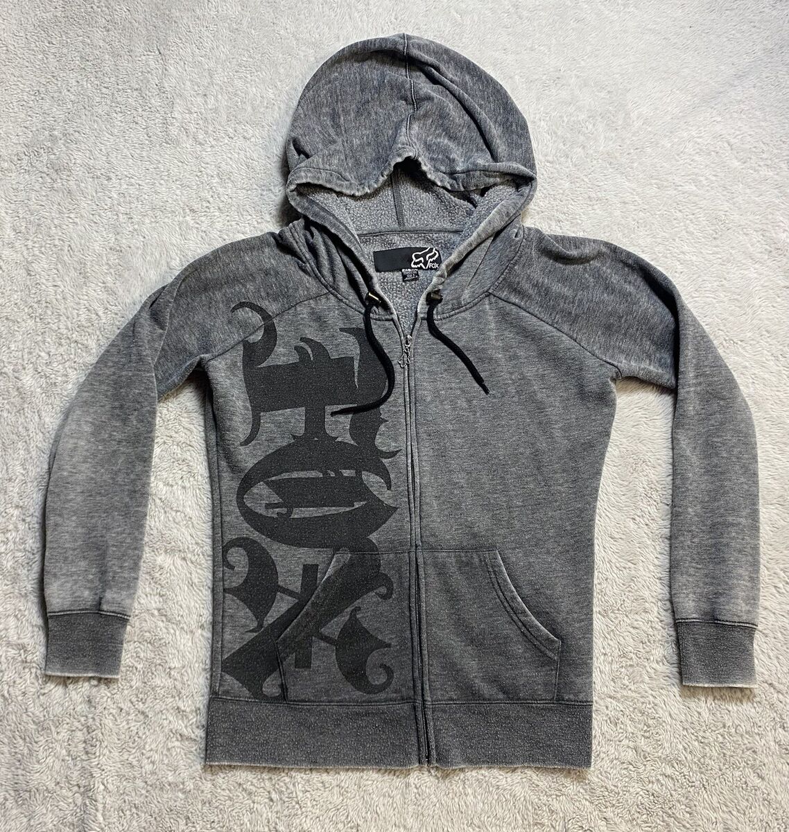 Y2K Fox Racing Hoodie Grunge Cyber Gray Full Zip Spellout Y2K Fox Racing Hoodie Grunge Cyber Gray Full Zip Spellout