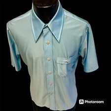 Vtg 70's Qiana Nylon Men's POWDER BLUE MoD BUTTERFLY COLLAR Disco Party Shirt M