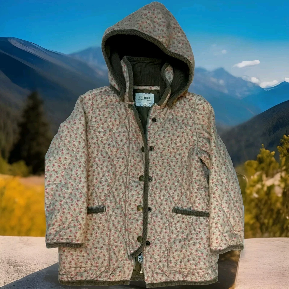 LULABEE Girls Hooded Quilted Coat Jacket Boho Brown Floral Cotton Corduroy Bias - Image 2 of 4