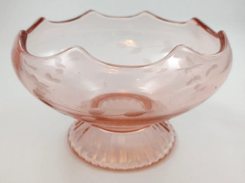 Pink Depression Glass Pedestal Beautiful Etched Glass Bowl with Scalloped Rim