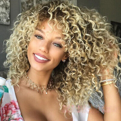 Synthetic Afro Hair Ombre Brown Blonde Curly Wigs for Women Short Curly ...