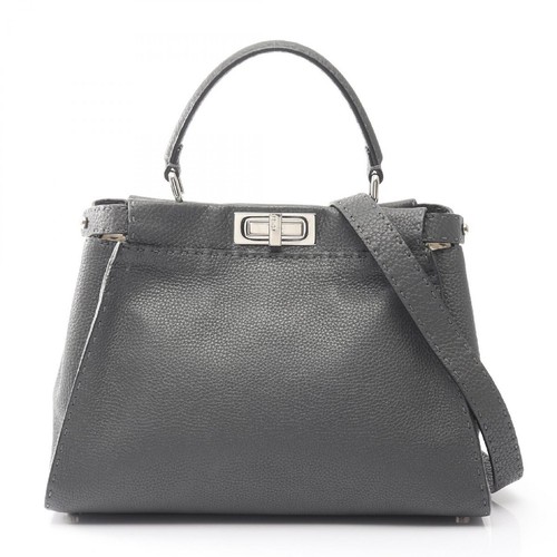 FENDI Peekaboo Regular Handbag Leather Gray 13.4 in Wide Used