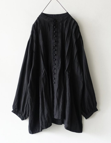 ICHI Antiquites French Linen Pintuck Long Sleeve Blouse Black NEW