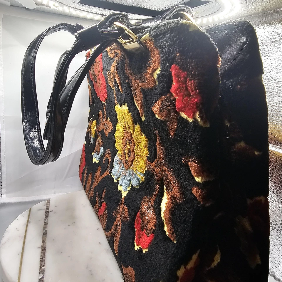 Vintage Floral Tapestry Carpet Bag Purse Womens Black Top Handle Frame Gold Tone - Image 3 of 4