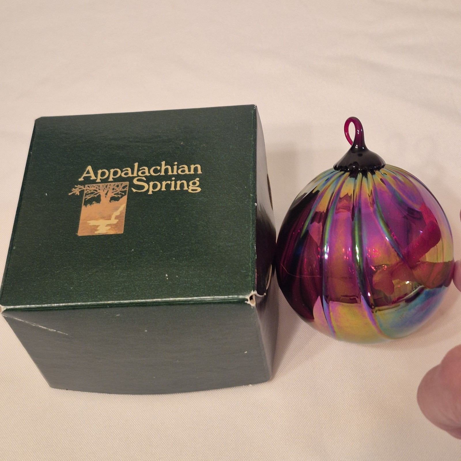 Appalachian Spring Hand Blown Art Glass Christmas Ornament Iridescent Swirl