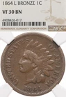 1864-L 1C NGC VF30 BN Indian Head Cent, L on Ribbon, FREE Shipping