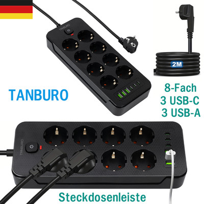 Steckdosenleiste 8-Fach mit USB Mehrfachsteckdose mit Flachstecker und Schalter