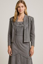 Vintage Suede Hand Made 3 Piece Gray Women's Skirt Suit Sequins Soft Size Small