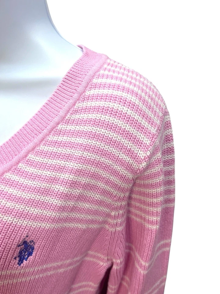 Suéter Polo EE. UU. Rosa Blanco Rayas Cuello en V Para Mujer Pequeño Preppy Y2K Old School Foto 3 de 4