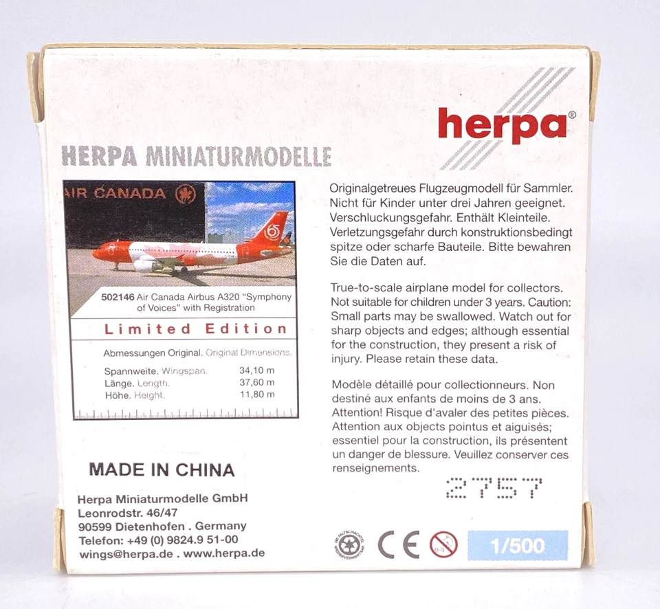 Herpa 502146 Air Canada Airbus A320 Symphony of Voices 1:500 Diecast Model NOB - Image 2 of 4