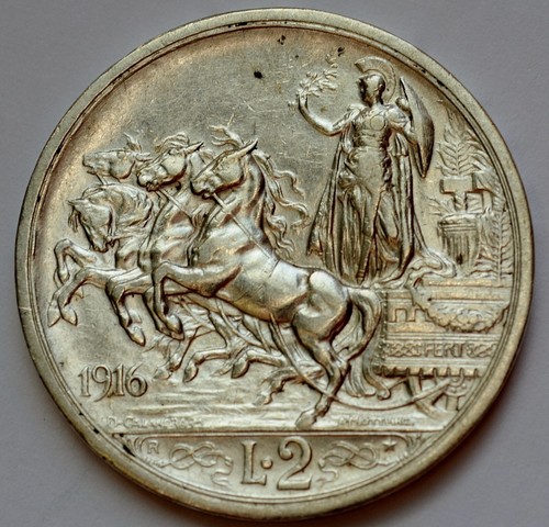Italy 2 Lire 1916, Quadriga, Vittorio Emanuele III, Silver coin