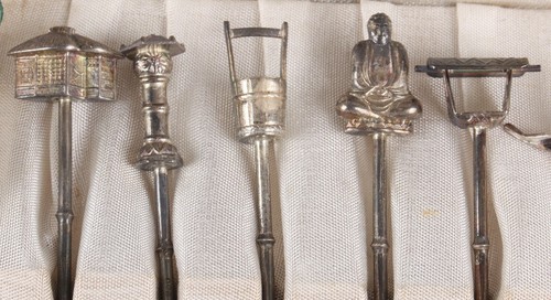 Set of 6 ASAHI SHOTEN Japanese Sterling Silver Hors d'Oeuvers Picks /OLIVE FORKS - Picture 3 of 8