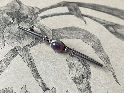 Broche Barrette En Argent Massif Avec Pierre Mauve - Argent Sterling - Occasion - Style Créateur