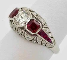 Art Deco Style Lab Created Diamond Ruby 14K White Gold FN Engagement Ring