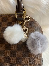 Pom Pom Bag Charm Keychain Key Fob Car Charm White Gray Heart Clasp To Purse