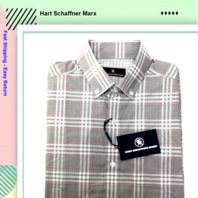 $89.50 Hart Schaffner Marx MEN'S Short Sleeve Plaid Shirt Cotton Gray - XL.