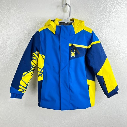 Spyder Mini Challenger Ski Jacket Boys 4 Blue Yellow Sport Hooded Coat