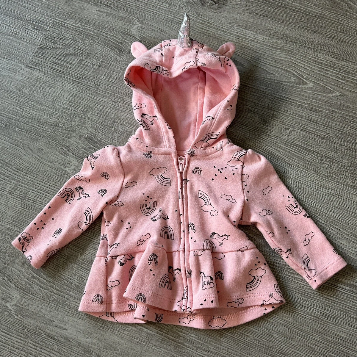 Carters Size Newborn Baby Girl Unicorn Hood Rainbows Pink Full Zip Hoodie Jacket