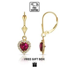 14k Yellow Gold Halo Heart Dangle Leverback Earrings