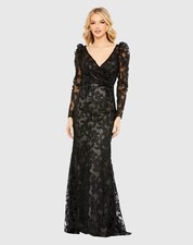 New Mac Duggal EMBROIDERED LACE PUFF SLEEVE WRAP OVER GOWN Black Sz 6 $798